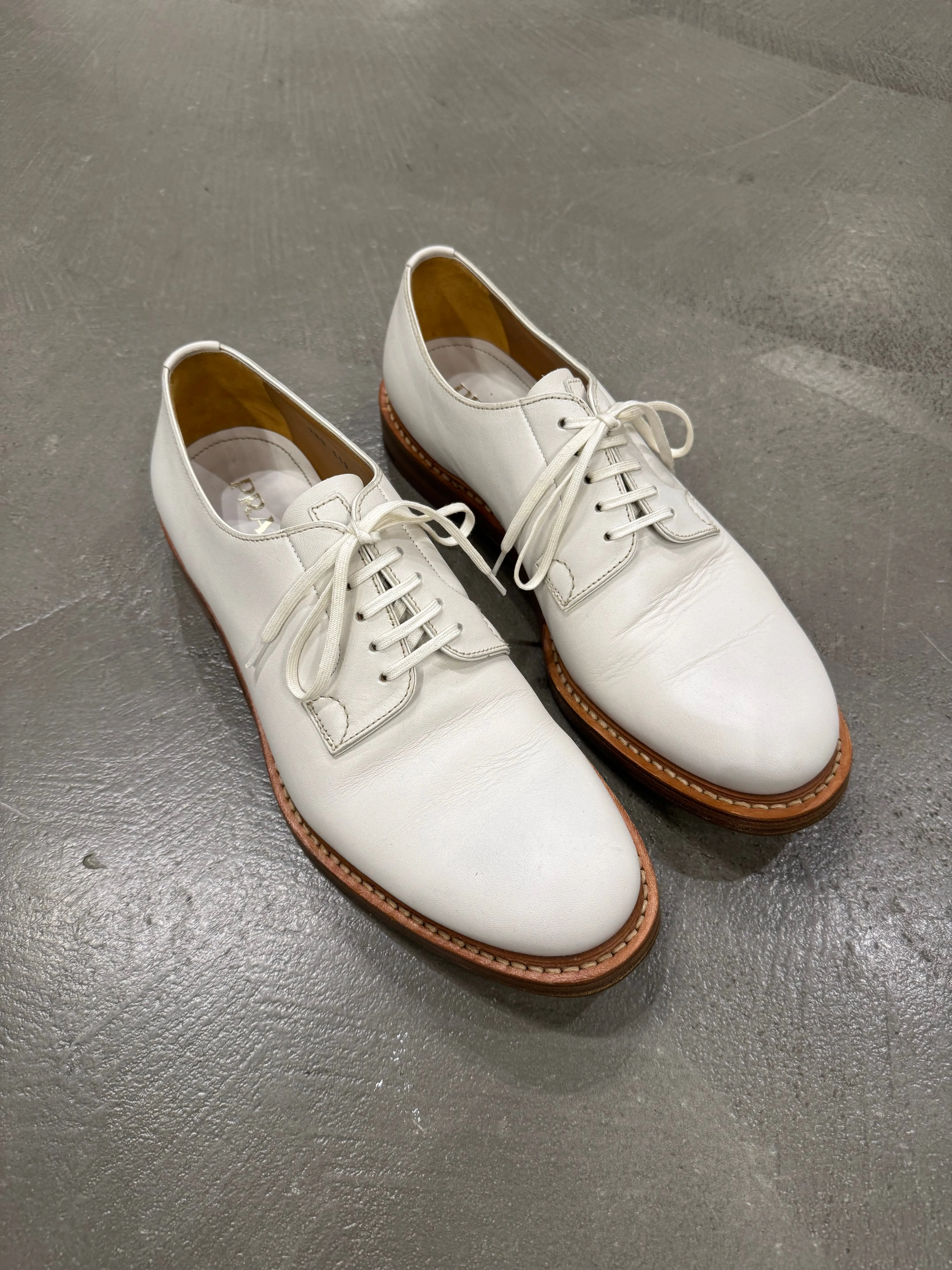 2000s Prada white leather derby shoes