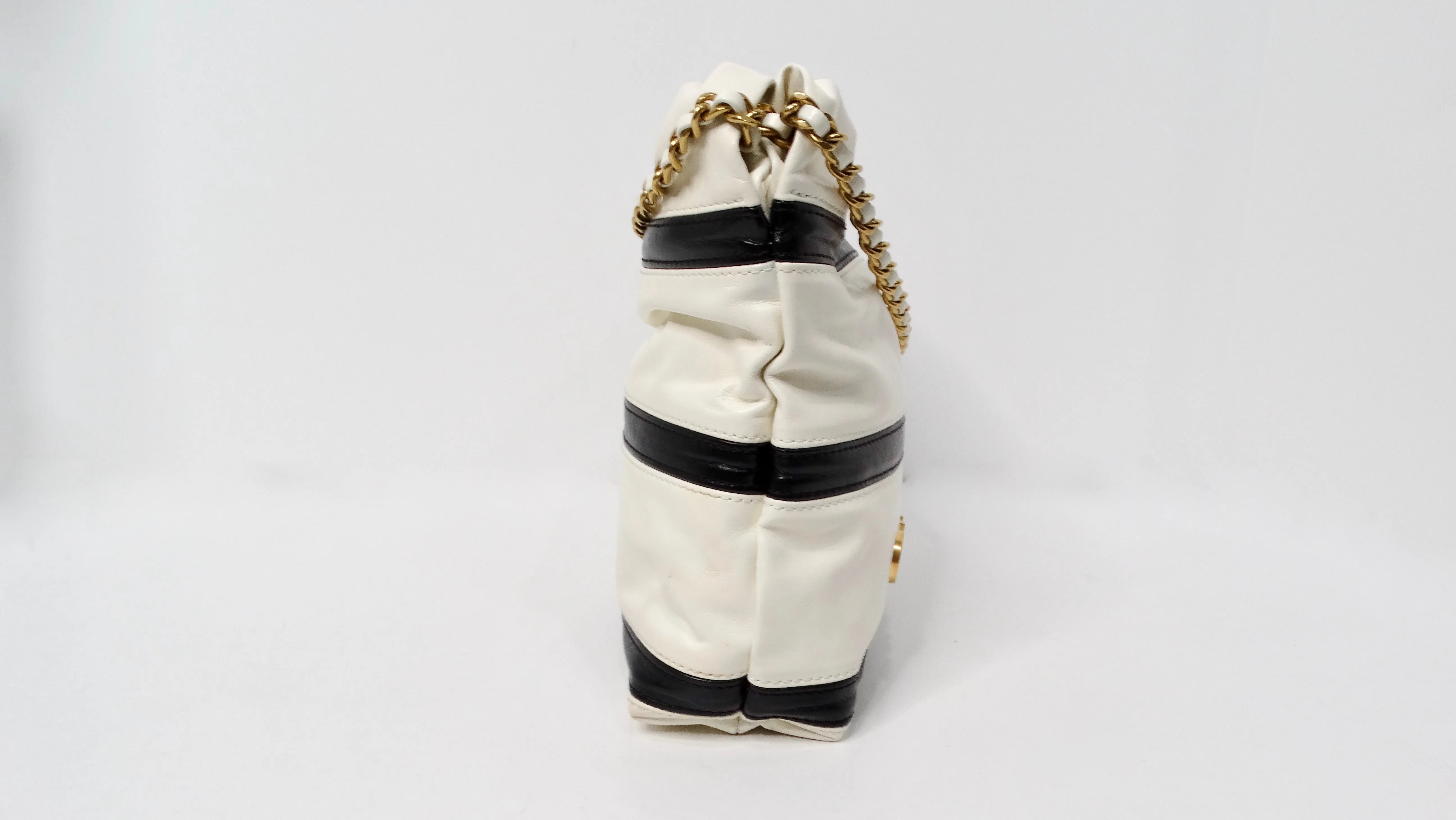 2024 Chanel Mini 22 Black & White Striped Shiny Calfskin Hobo Bag