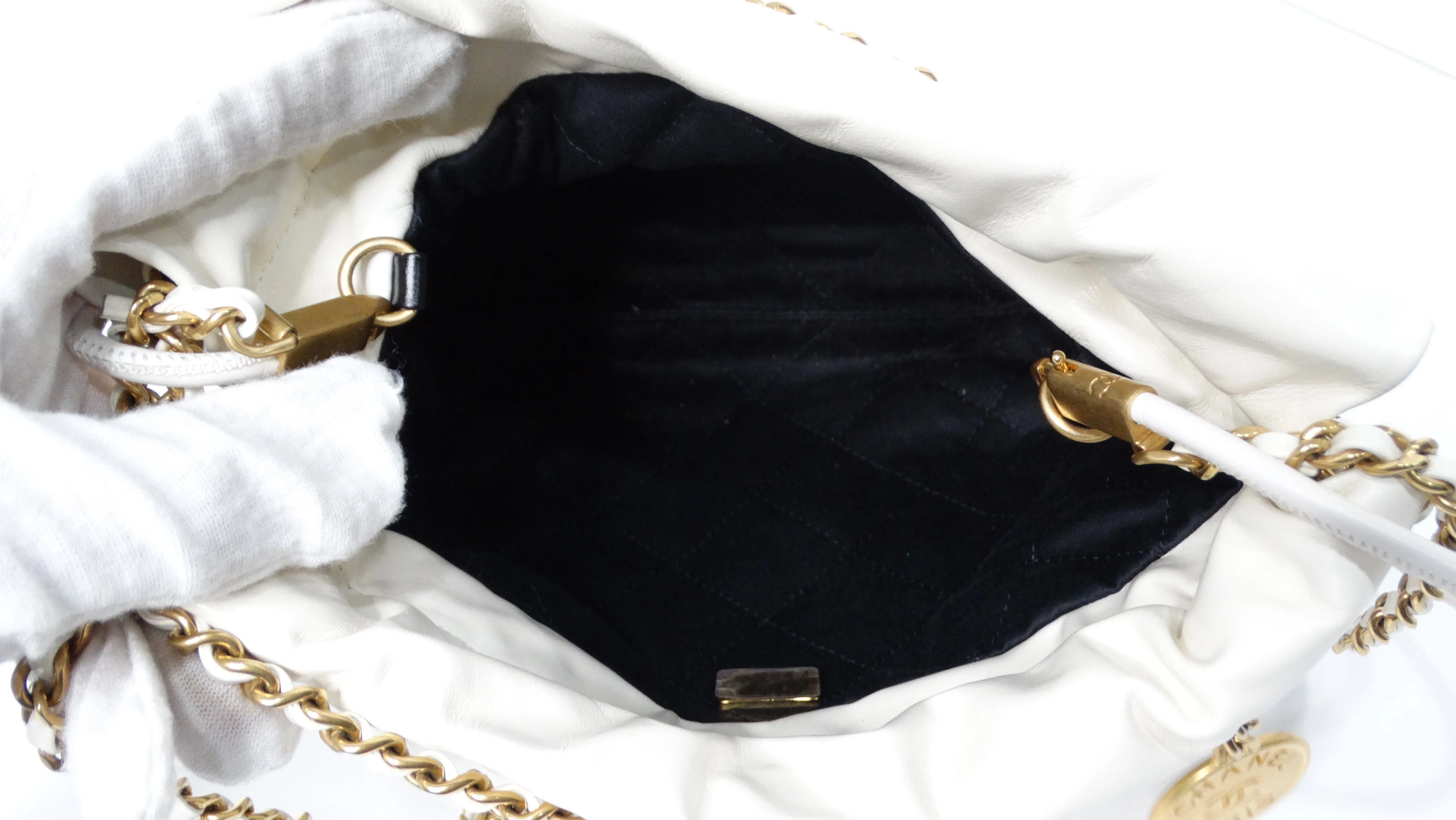 2024 Chanel Mini 22 Black & White Striped Shiny Calfskin Hobo Bag