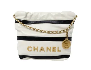 2024 Chanel Mini 22 Black & White Striped Shiny Calfskin Hobo Bag