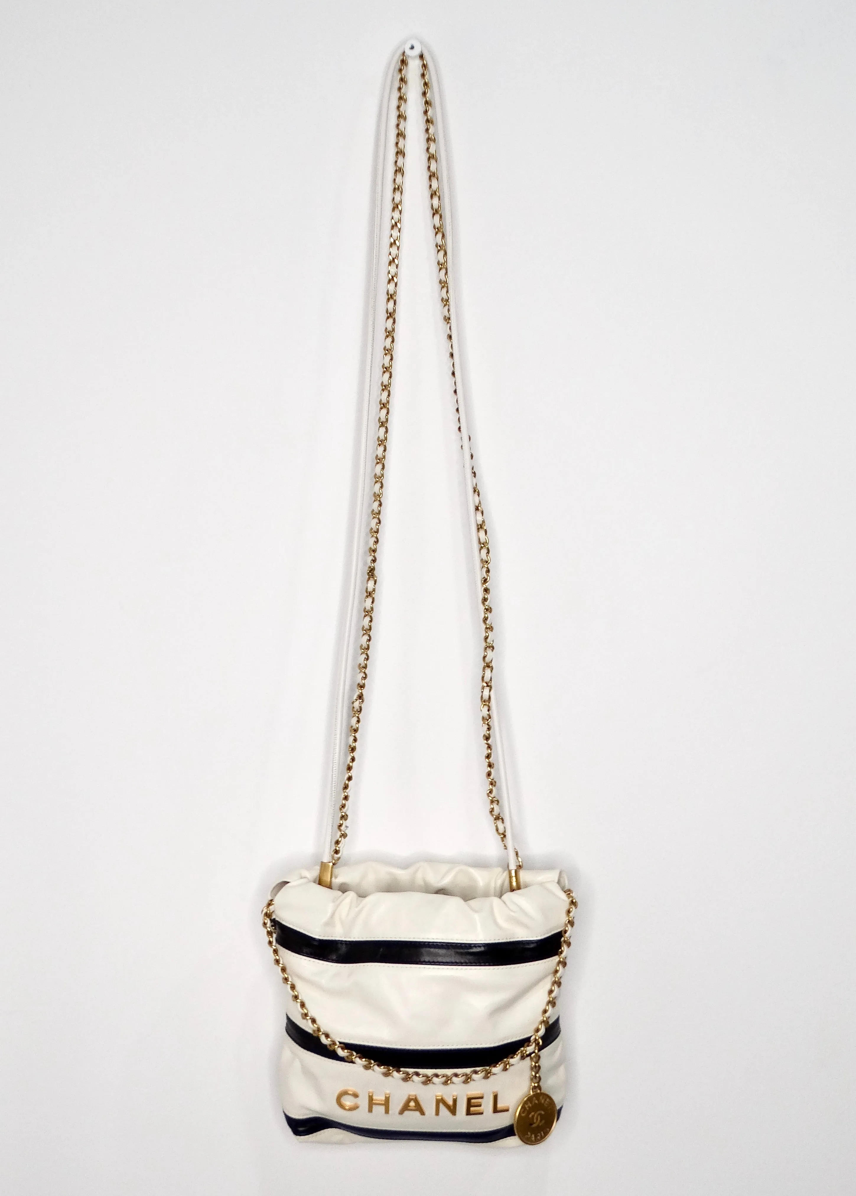 2024 Chanel Mini 22 Black & White Striped Shiny Calfskin Hobo Bag