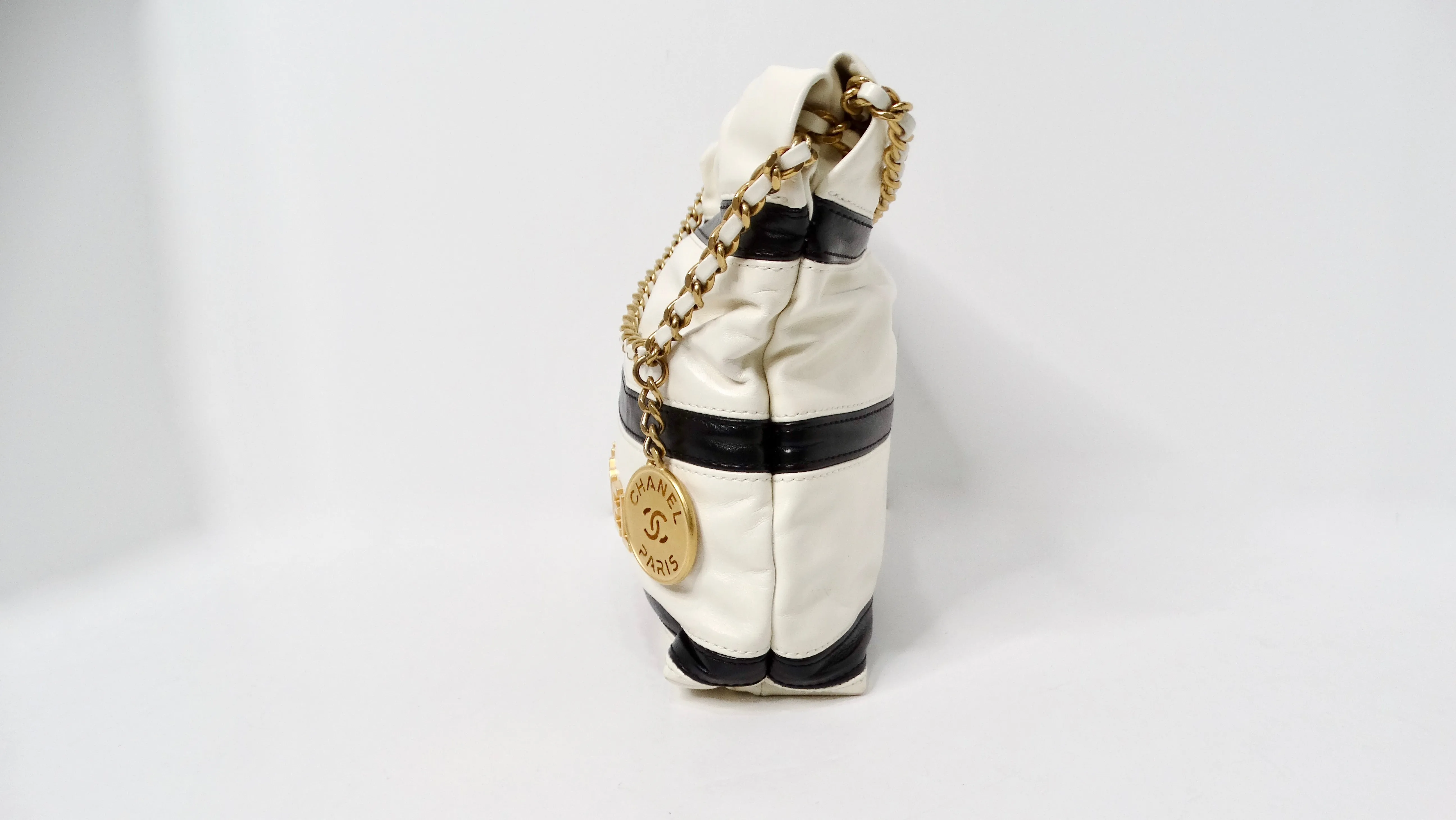 2024 Chanel Mini 22 Black & White Striped Shiny Calfskin Hobo Bag