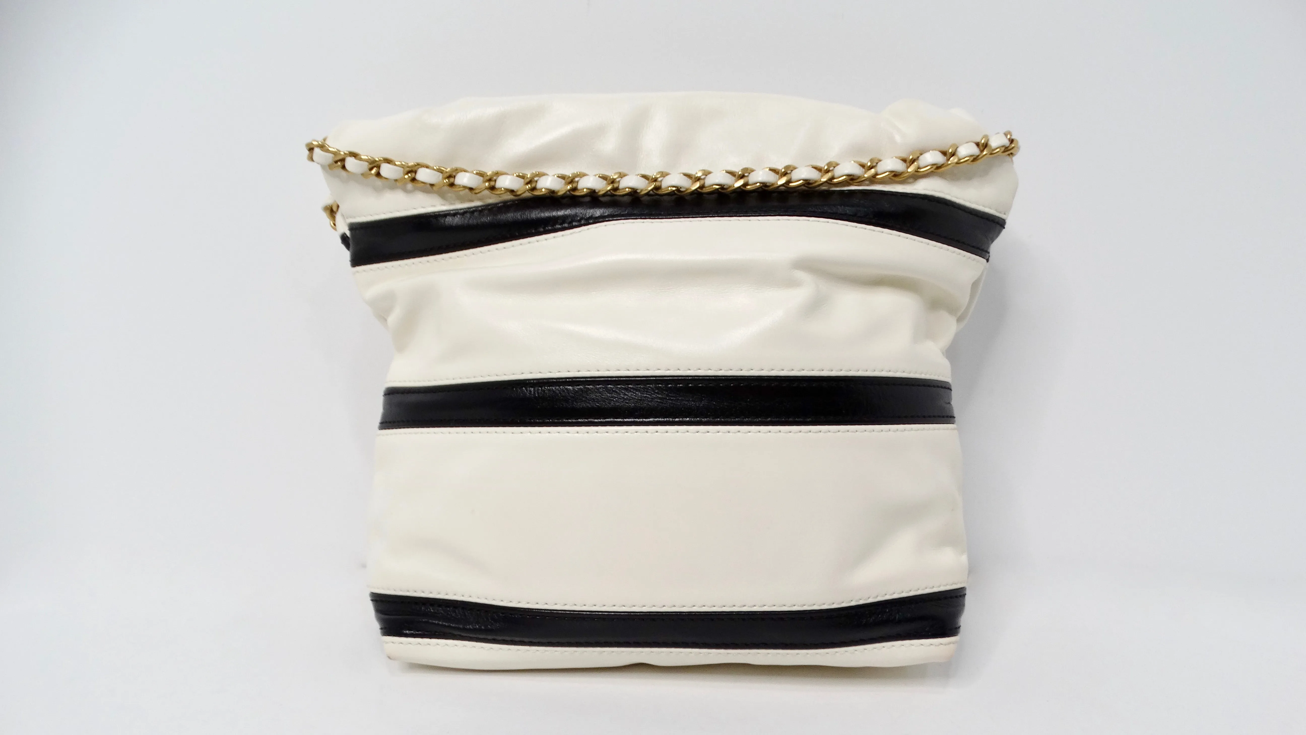 2024 Chanel Mini 22 Black & White Striped Shiny Calfskin Hobo Bag