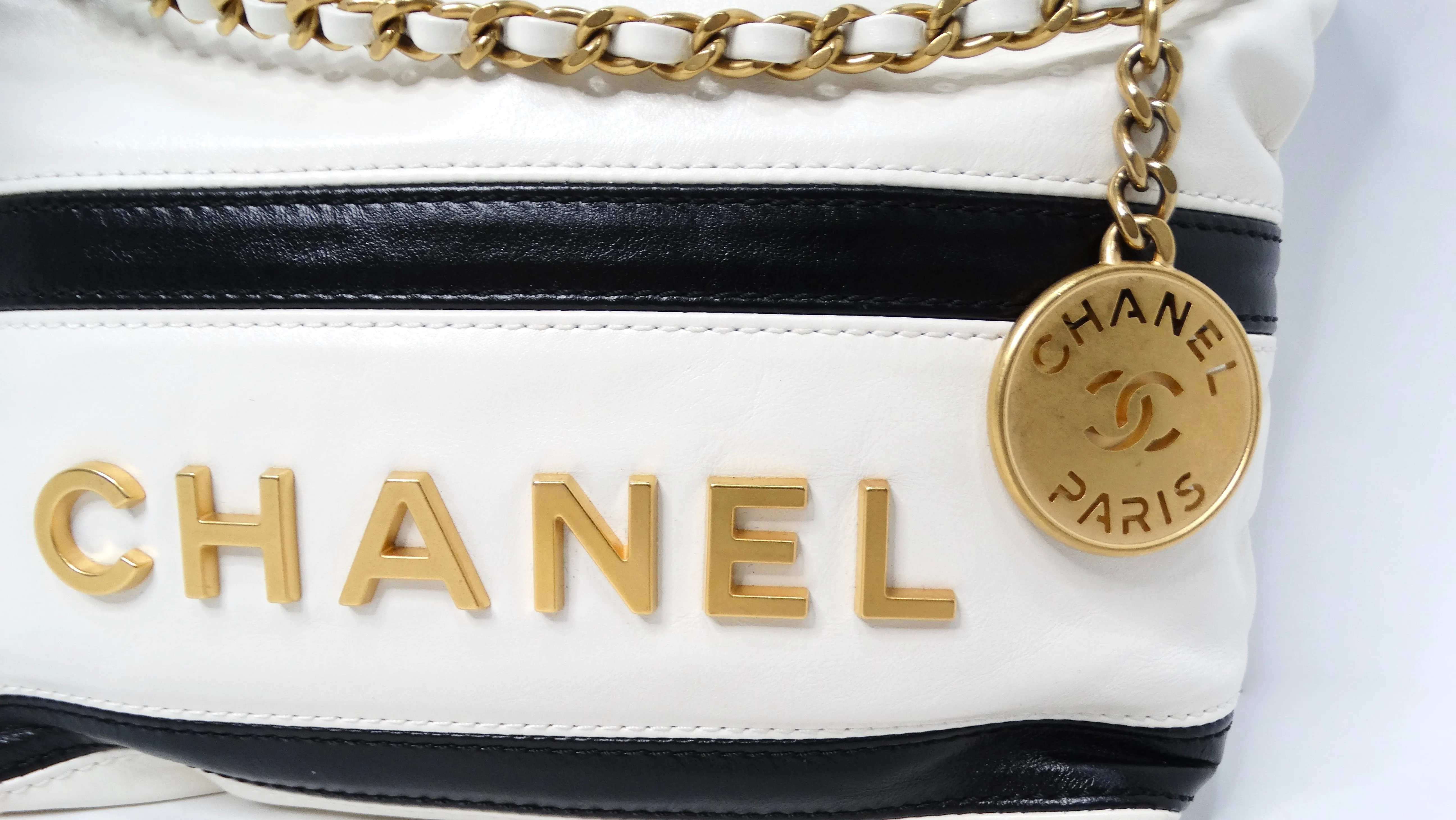 2024 Chanel Mini 22 Black & White Striped Shiny Calfskin Hobo Bag