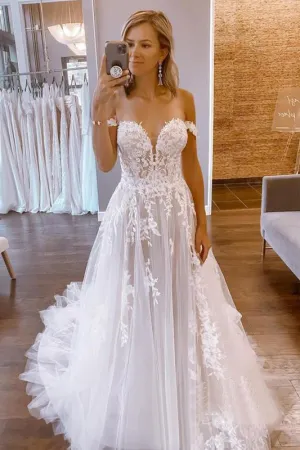 A Line Off Shoulder Tulle Custom Long Wedding Dress With Lace Appliques OK1152