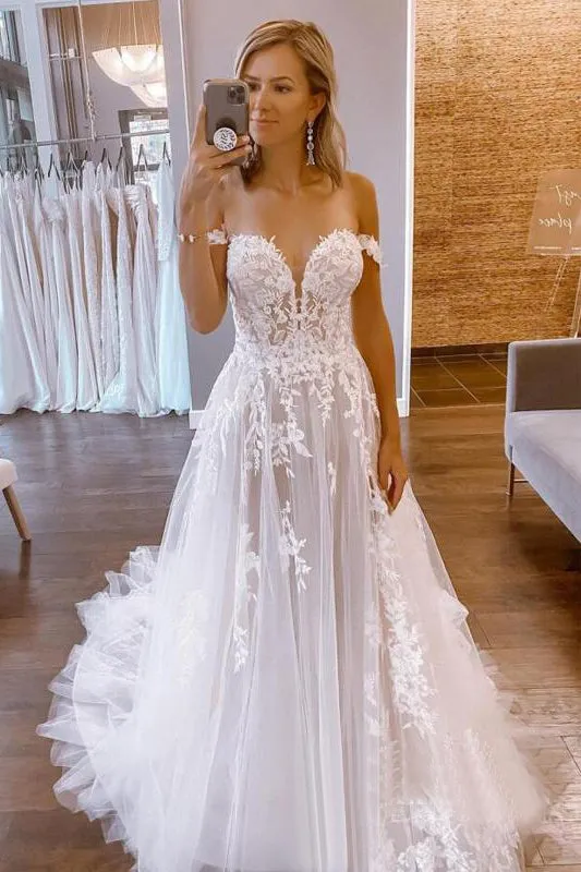 A Line Off Shoulder Tulle Custom Long Wedding Dress With Lace Appliques OK1152