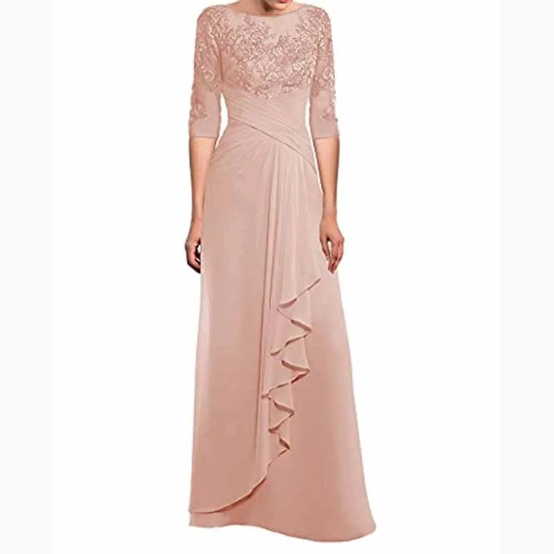 A-Line/Princess Chiffon Lace Scoop Off-the-Shoulder 3/4 Sleeves Floor-Length Mother of the Bride Dresses