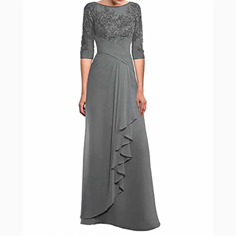 A-Line/Princess Chiffon Lace Scoop Off-the-Shoulder 3/4 Sleeves Floor-Length Mother of the Bride Dresses