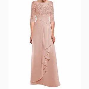 A-Line/Princess Chiffon Lace Scoop Off-the-Shoulder 3/4 Sleeves Floor-Length Mother of the Bride Dresses