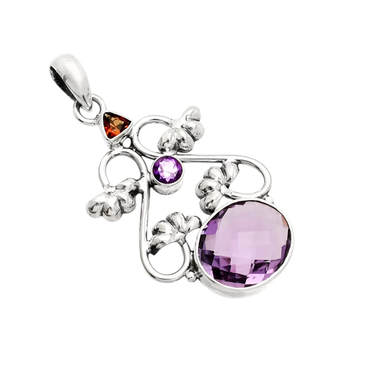 Amethyst & Garnet Solid 925 Sterling Silver Pendant