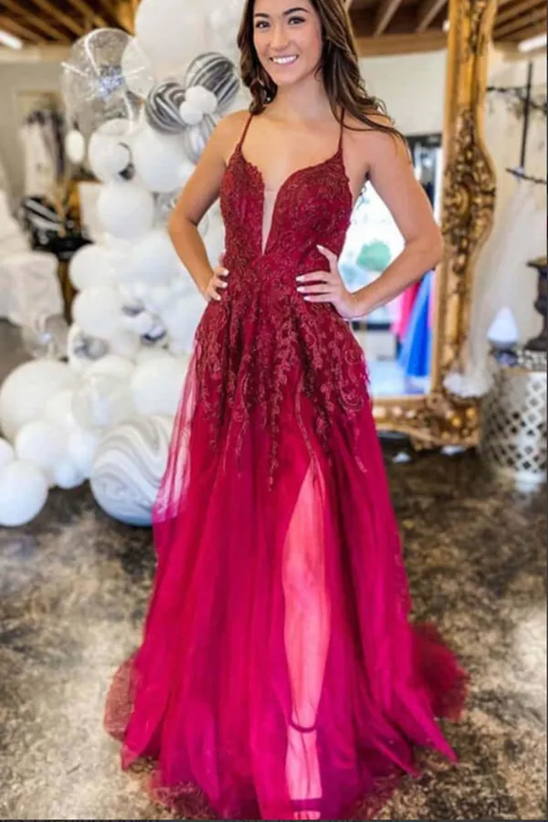 Anneprom Burgundy Tulle A line Lace Up Back Thigh Slit Prom Dresses, Evening Gown APP0558