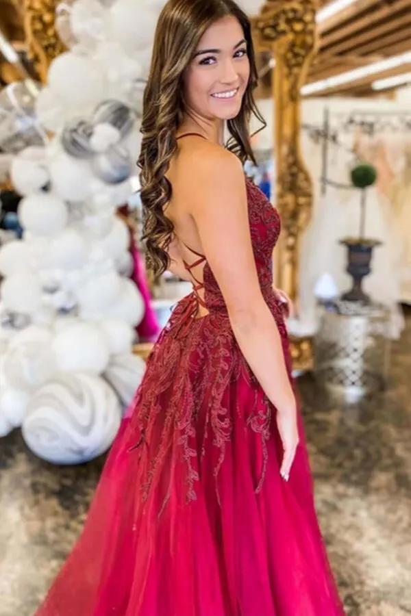 Anneprom Burgundy Tulle A line Lace Up Back Thigh Slit Prom Dresses, Evening Gown APP0558
