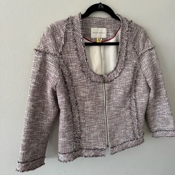 Banana Republic Minimalist Tweed Blazer Zipper Jacket frayed red white blue