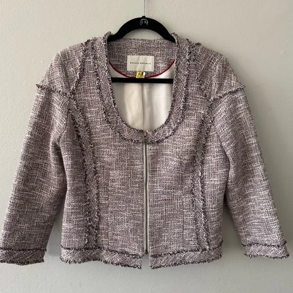 Banana Republic Minimalist Tweed Blazer Zipper Jacket frayed red white blue