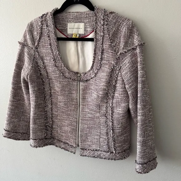 Banana Republic Minimalist Tweed Blazer Zipper Jacket frayed red white blue