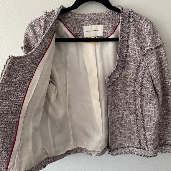 Banana Republic Minimalist Tweed Blazer Zipper Jacket frayed red white blue