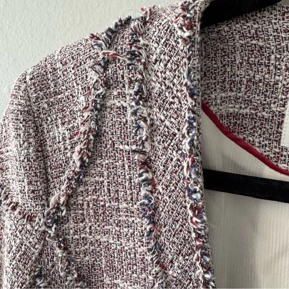 Banana Republic Minimalist Tweed Blazer Zipper Jacket frayed red white blue