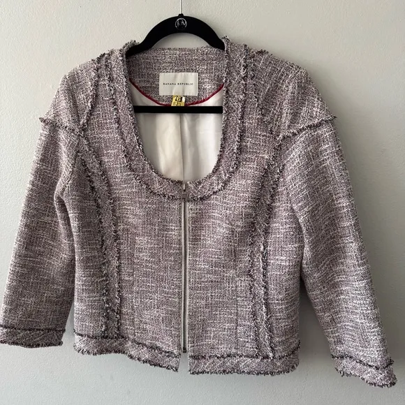 Banana Republic Minimalist Tweed Blazer Zipper Jacket frayed red white blue