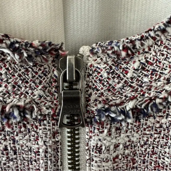 Banana Republic Minimalist Tweed Blazer Zipper Jacket frayed red white blue
