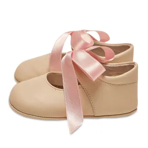 BEIGE MARY-JANE PRAM SHOES WITH PINK RIBBON