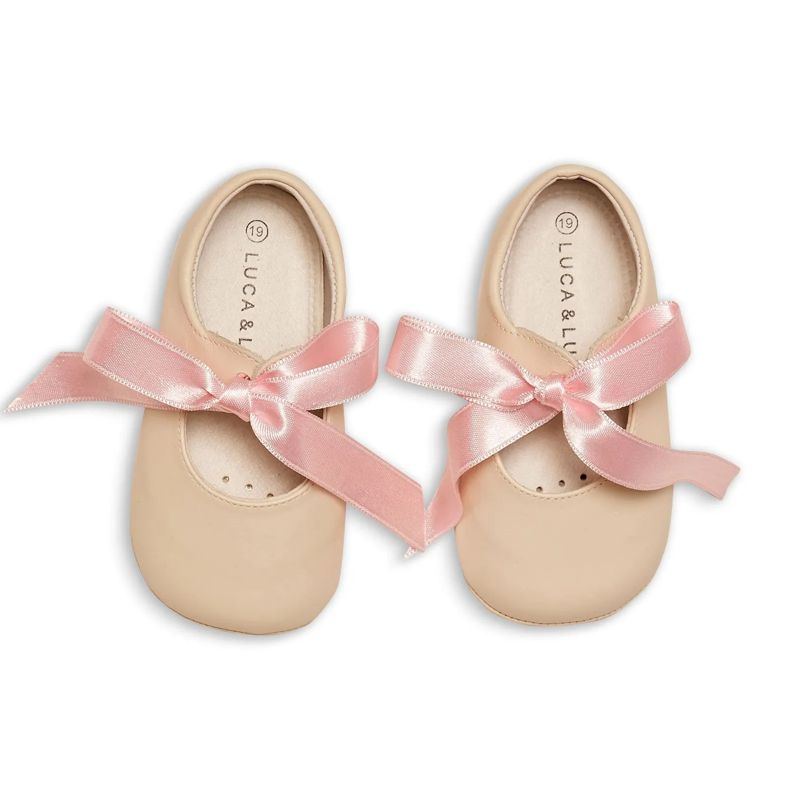 BEIGE MARY-JANE PRAM SHOES WITH PINK RIBBON