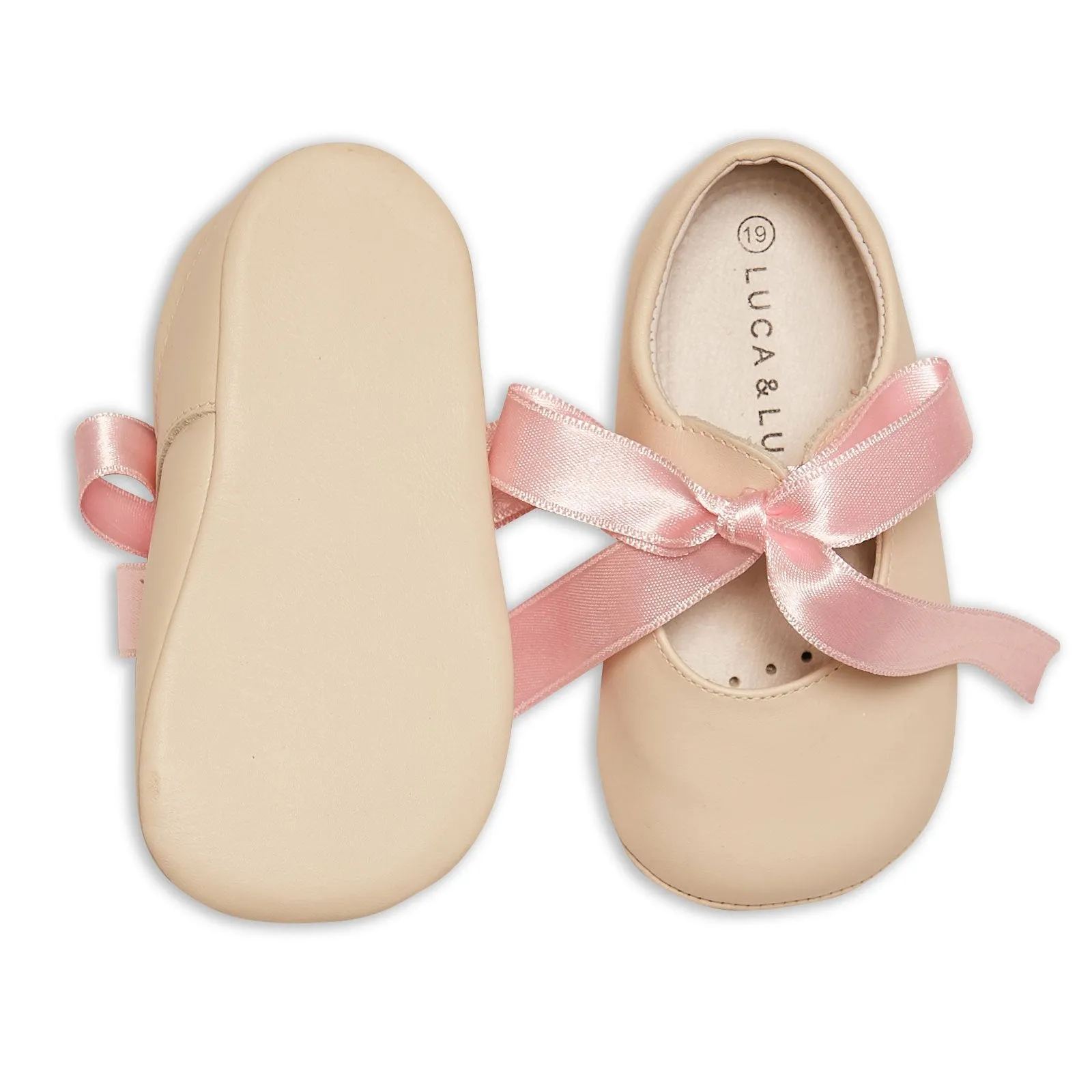 BEIGE MARY-JANE PRAM SHOES WITH PINK RIBBON