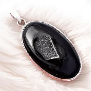 Black Agate Druzy Solid 925 Sterling Silver Pendant