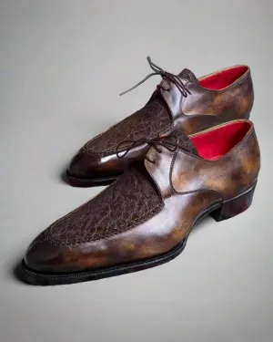 Black Alligator Suede And Italian Patina Leather Derby Shoes Goodyear Welted Construction With Metal Toe Plate - Formal Shoes