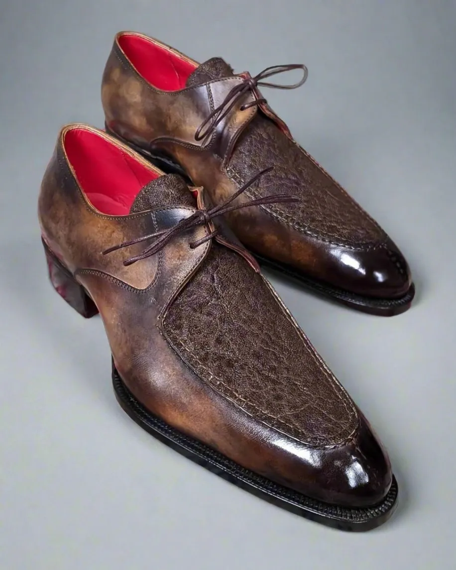 Black Alligator Suede And Italian Patina Leather Derby Shoes Goodyear Welted Construction With Metal Toe Plate - Formal Shoes