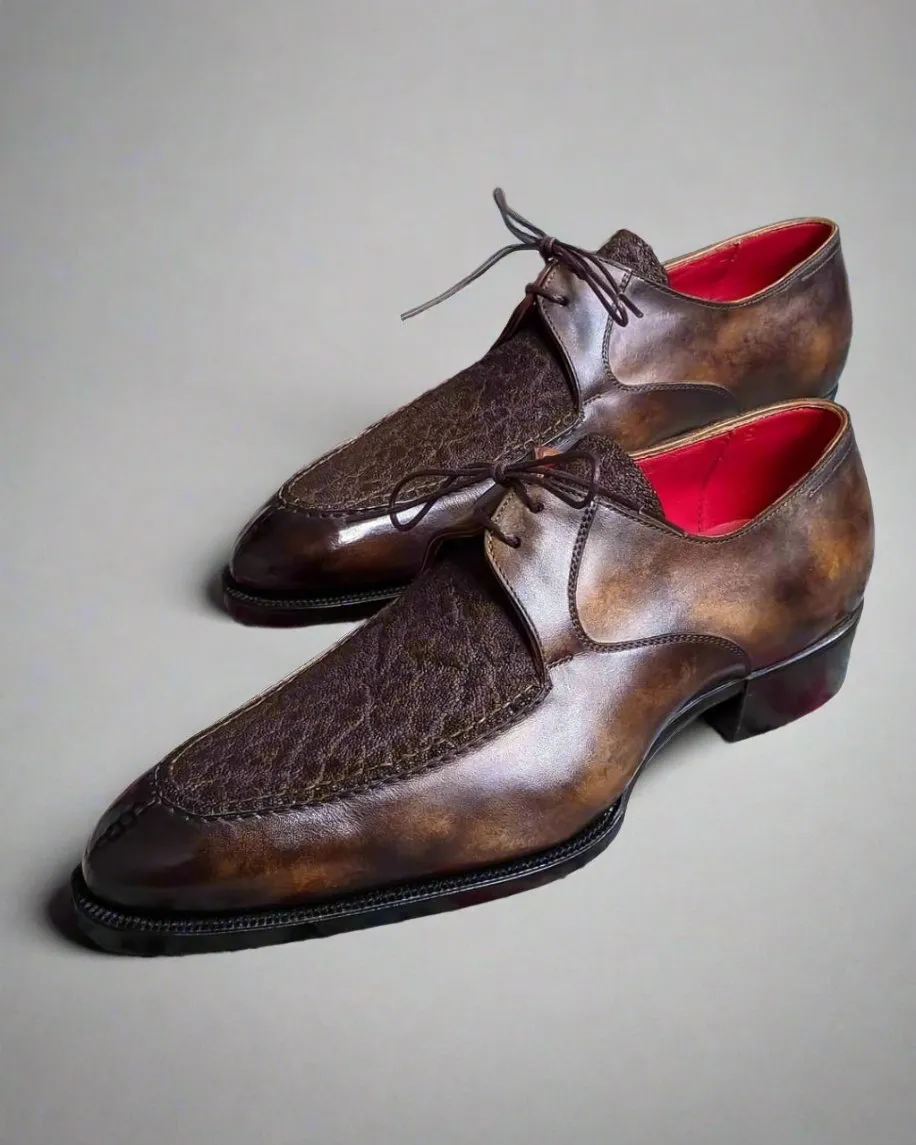 Black Alligator Suede And Italian Patina Leather Derby Shoes Goodyear Welted Construction With Metal Toe Plate - Formal Shoes