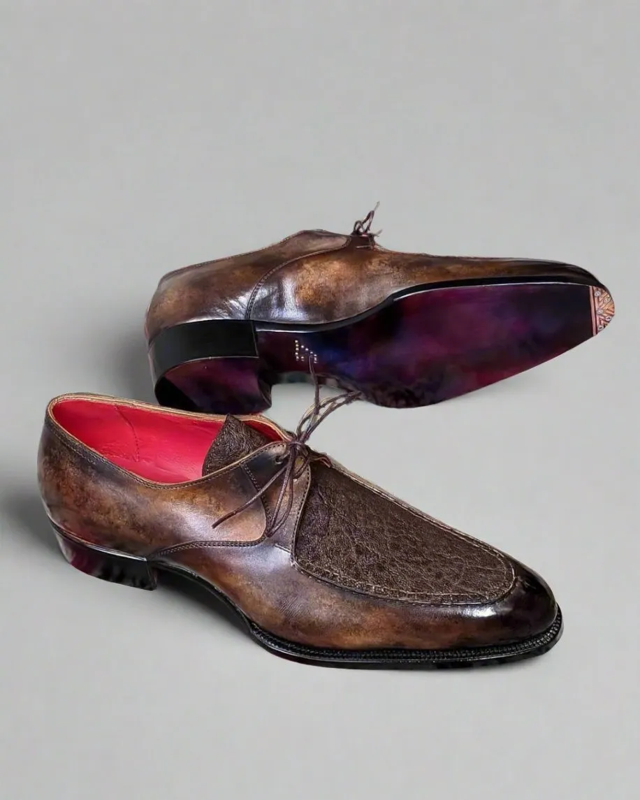 Black Alligator Suede And Italian Patina Leather Derby Shoes Goodyear Welted Construction With Metal Toe Plate - Formal Shoes