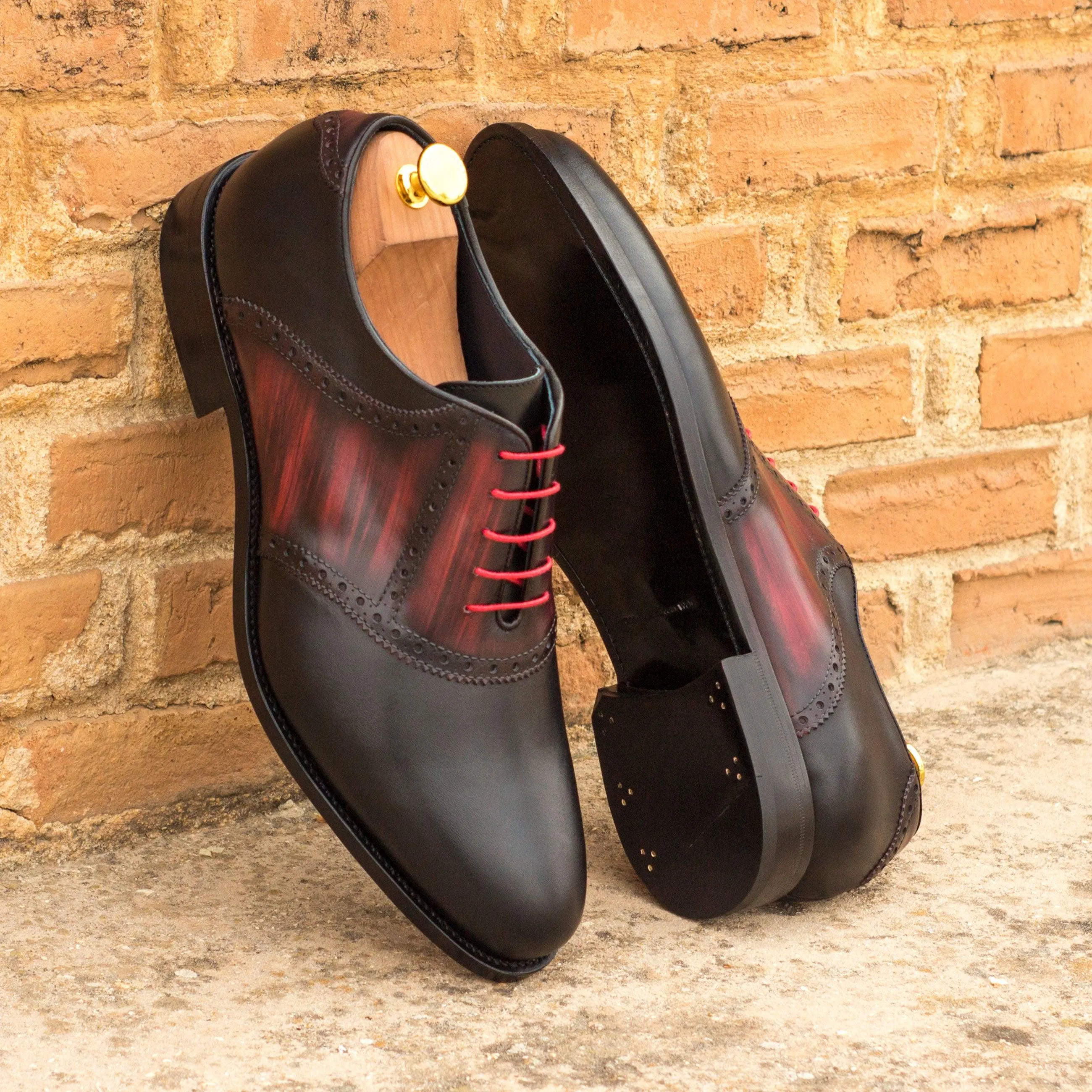 Black Calf Leather & Burgundy Patina Saddle Shoes