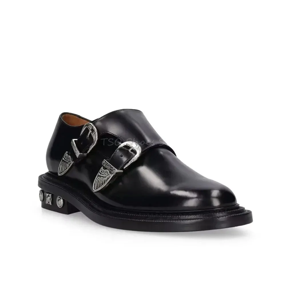 Black Genuine Leather Loafers with Metal Belt Buckle for Men