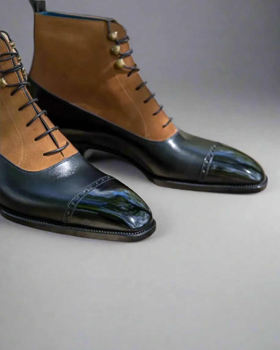 Black Leather  and Suede Orvieto Lace Up Toe Cap Brogue Oxford Boots - Boots