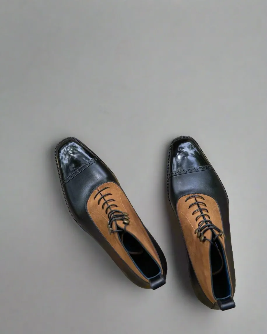 Black Leather  and Suede Orvieto Lace Up Toe Cap Brogue Oxford Boots - Boots