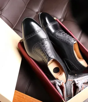Black Leather Brogue With Round Toe Cap Oxfords - Formal Shoes