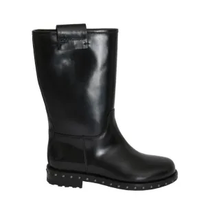 Black Leather Mid-Calf Logo Boots