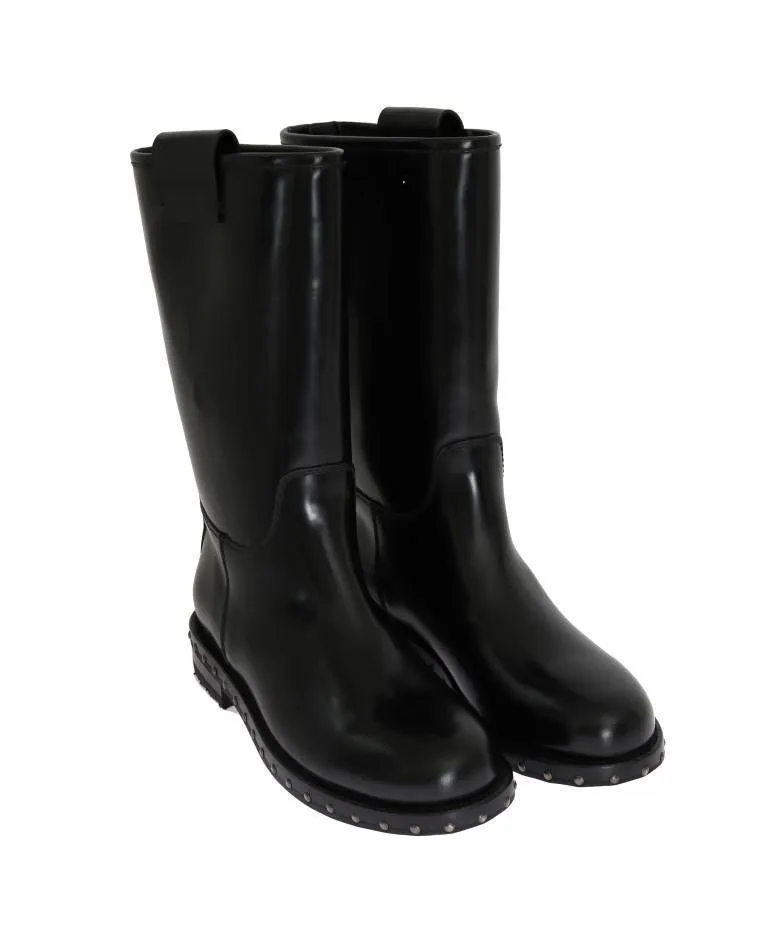 Black Leather Mid-Calf Logo Boots