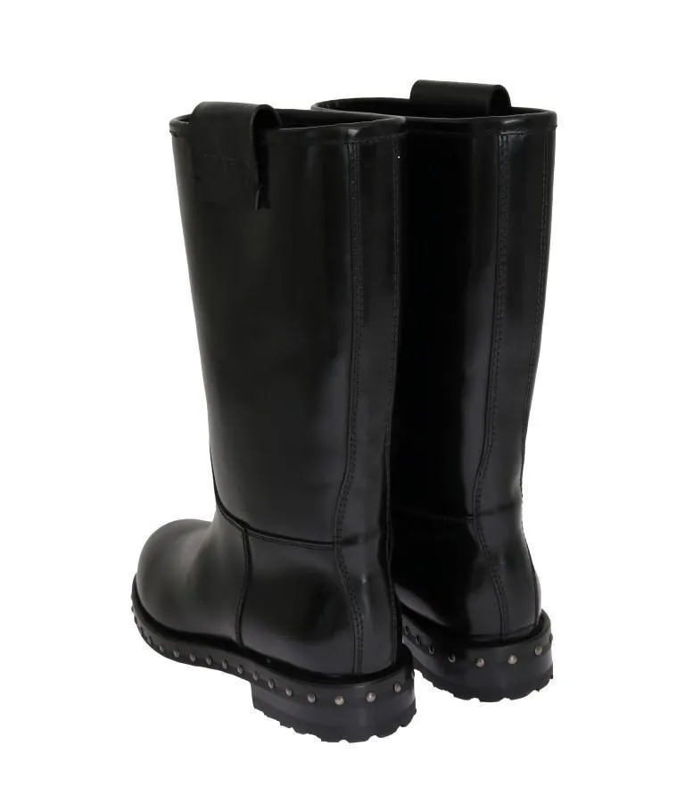 Black Leather Mid-Calf Logo Boots