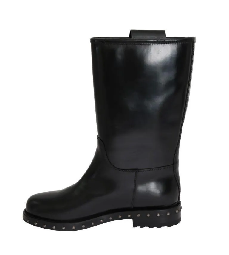 Black Leather Mid-Calf Logo Boots