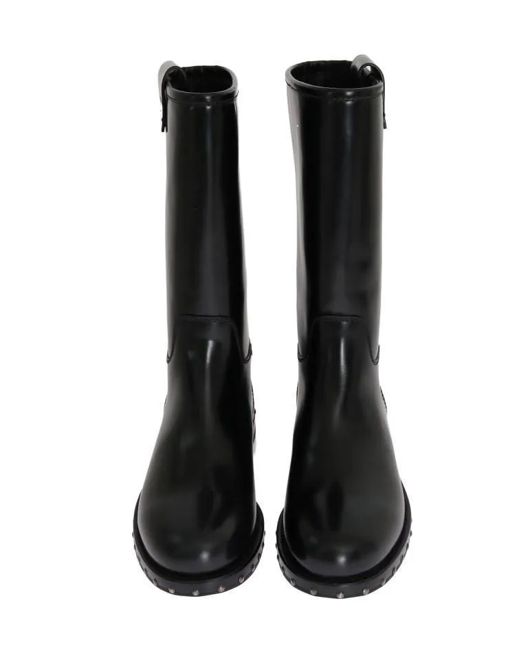 Black Leather Mid-Calf Logo Boots