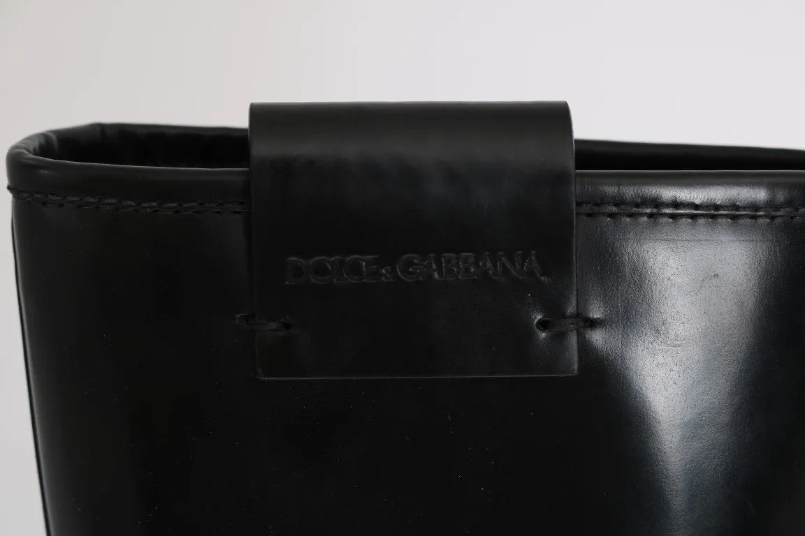 Black Leather Mid-Calf Logo Boots