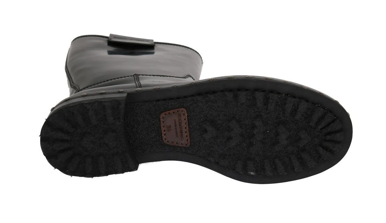 Black Leather Mid-Calf Logo Boots
