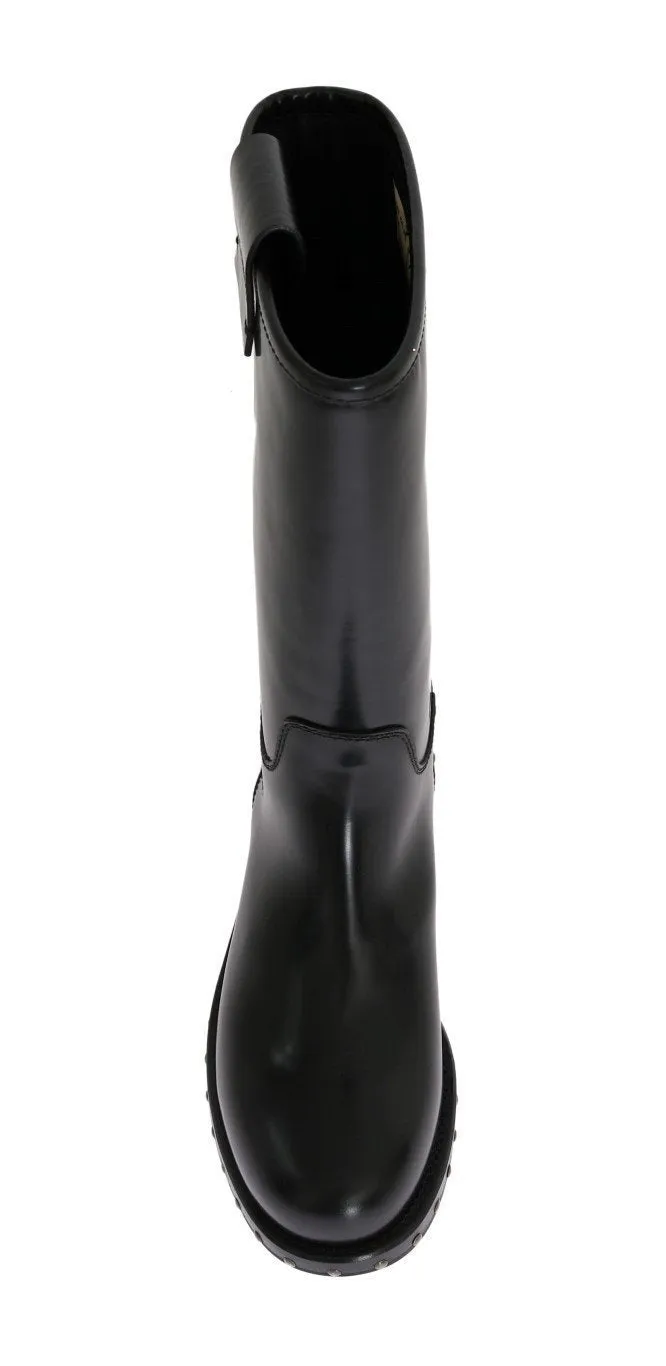 Black Leather Mid-Calf Logo Boots