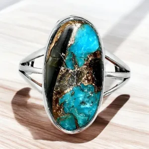 Black Shell & Blue Copper Turquoise Solid 925 Sterling Silver Ring 9.5