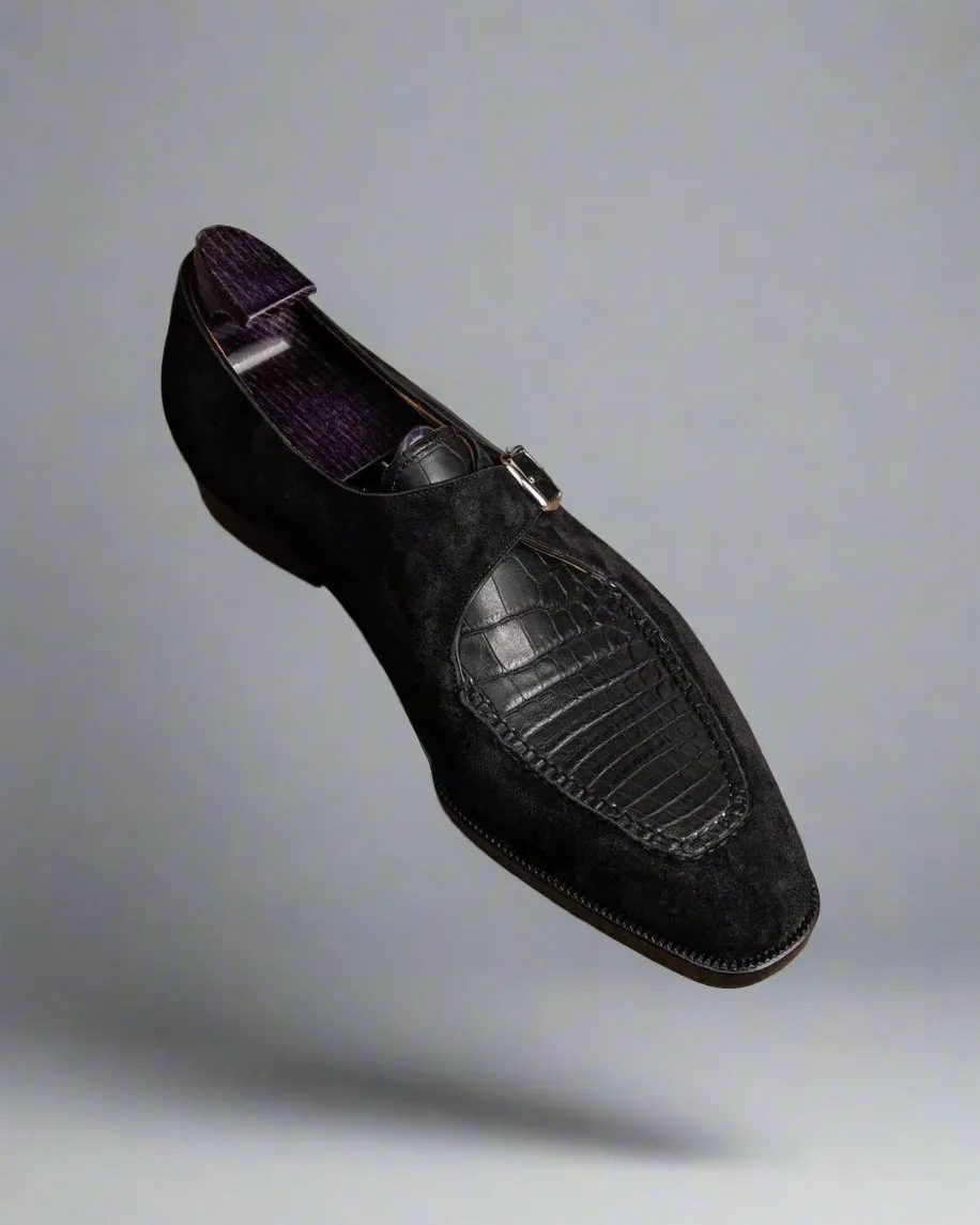 Black Suede And Alligator Italian Leather Single Monkstrap Shoes - Formal Shoes - Monk Shoes