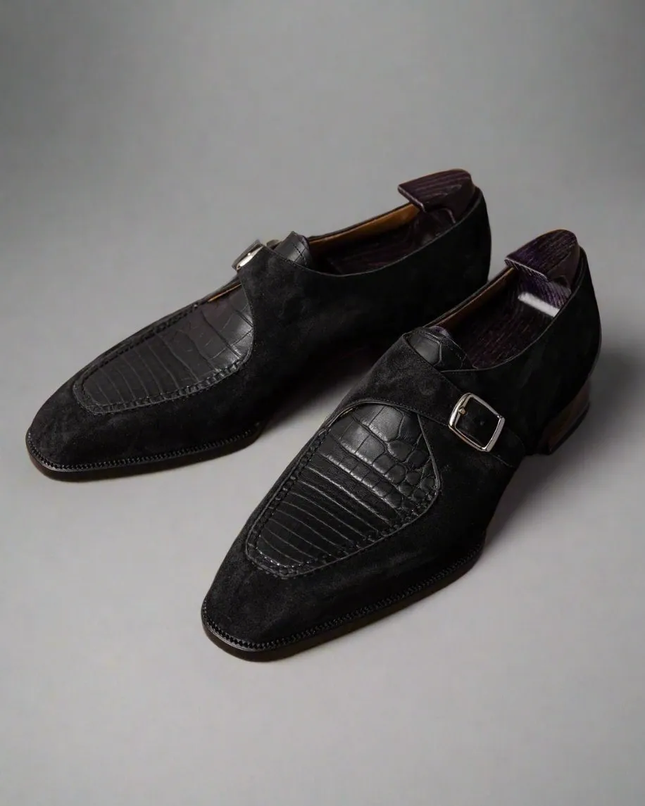 Black Suede And Alligator Italian Leather Single Monkstrap Shoes - Formal Shoes - Monk Shoes