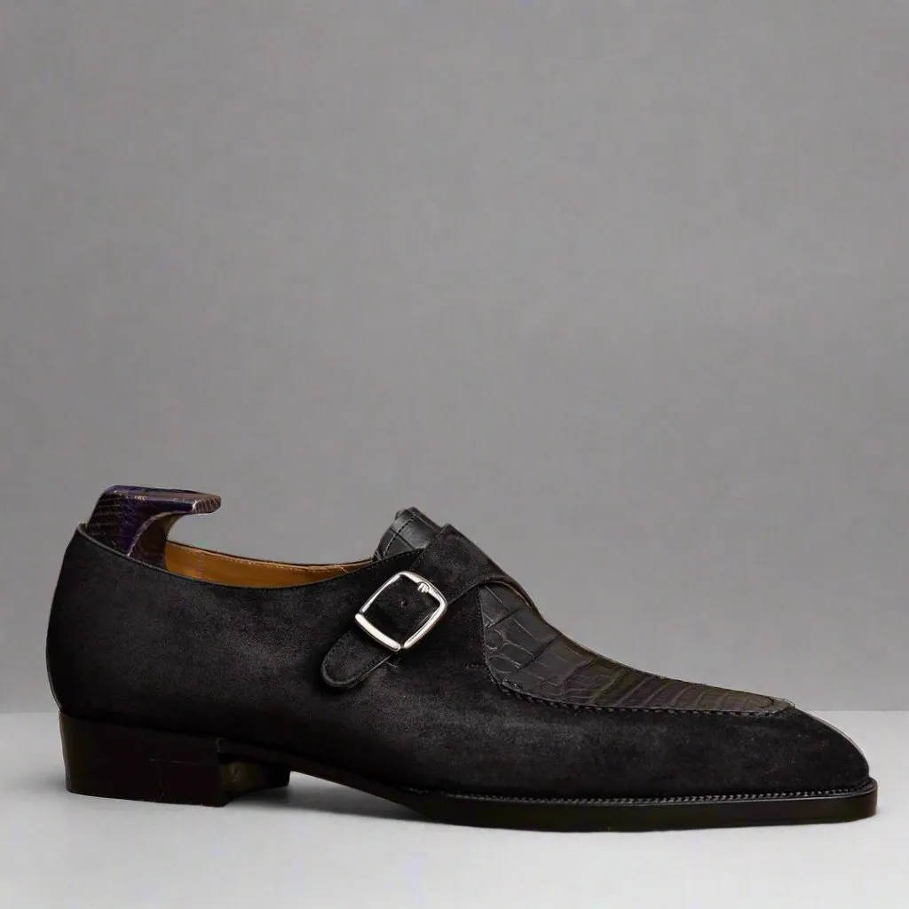 Black Suede And Alligator Italian Leather Single Monkstrap Shoes - Formal Shoes - Monk Shoes