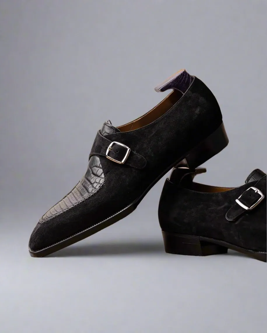 Black Suede And Alligator Italian Leather Single Monkstrap Shoes - Formal Shoes - Monk Shoes