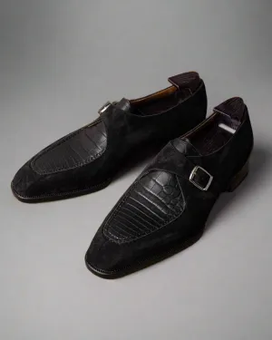 Black Suede And Alligator Italian Leather Single Monkstrap Shoes - Formal Shoes - Monk Shoes